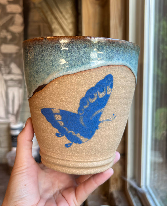 Large Butterfly Half Glazed Pot